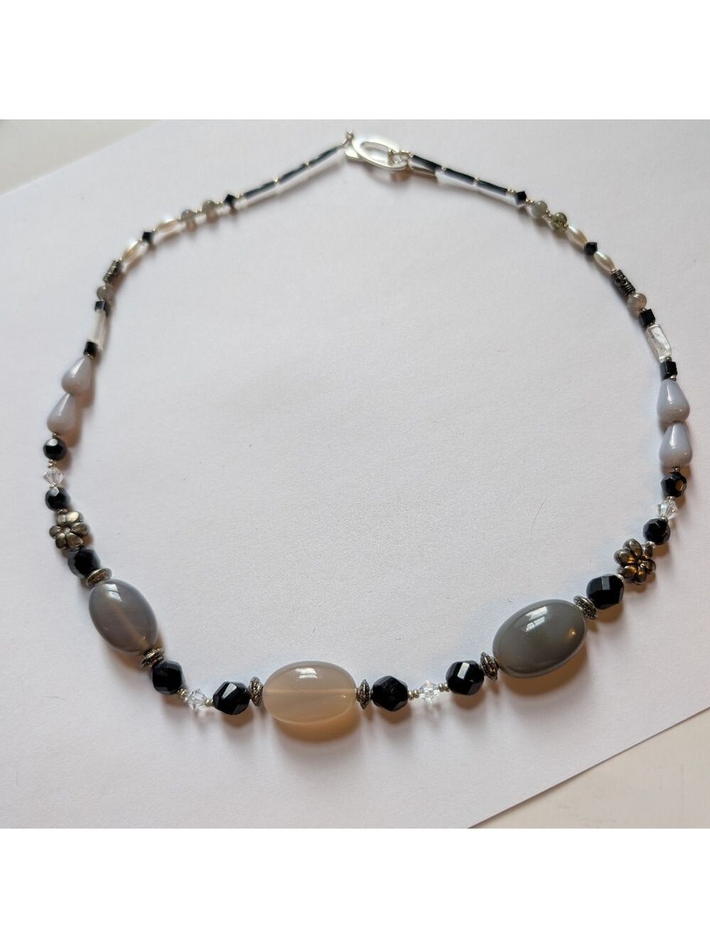 Artisan Beaded Statement Necklace - Gray Chalcedony Agate & Onyx - Sterling Silv